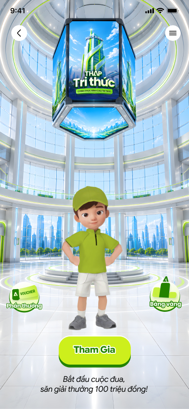 Sảnh Maxtopia với nút tham gia Tháp tri thức